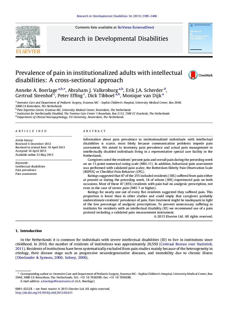 Prevalence of pain in institutionalized adults with intellectual disabilities: A cross-sectional approach