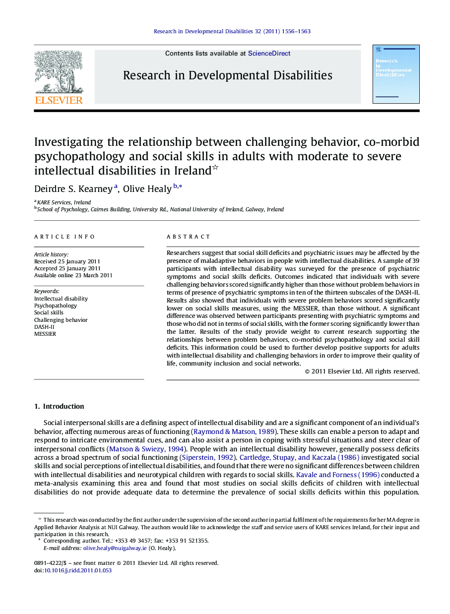 Investigating the relationship between challenging behavior, co-morbid psychopathology and social skills in adults with moderate to severe intellectual disabilities in Ireland 