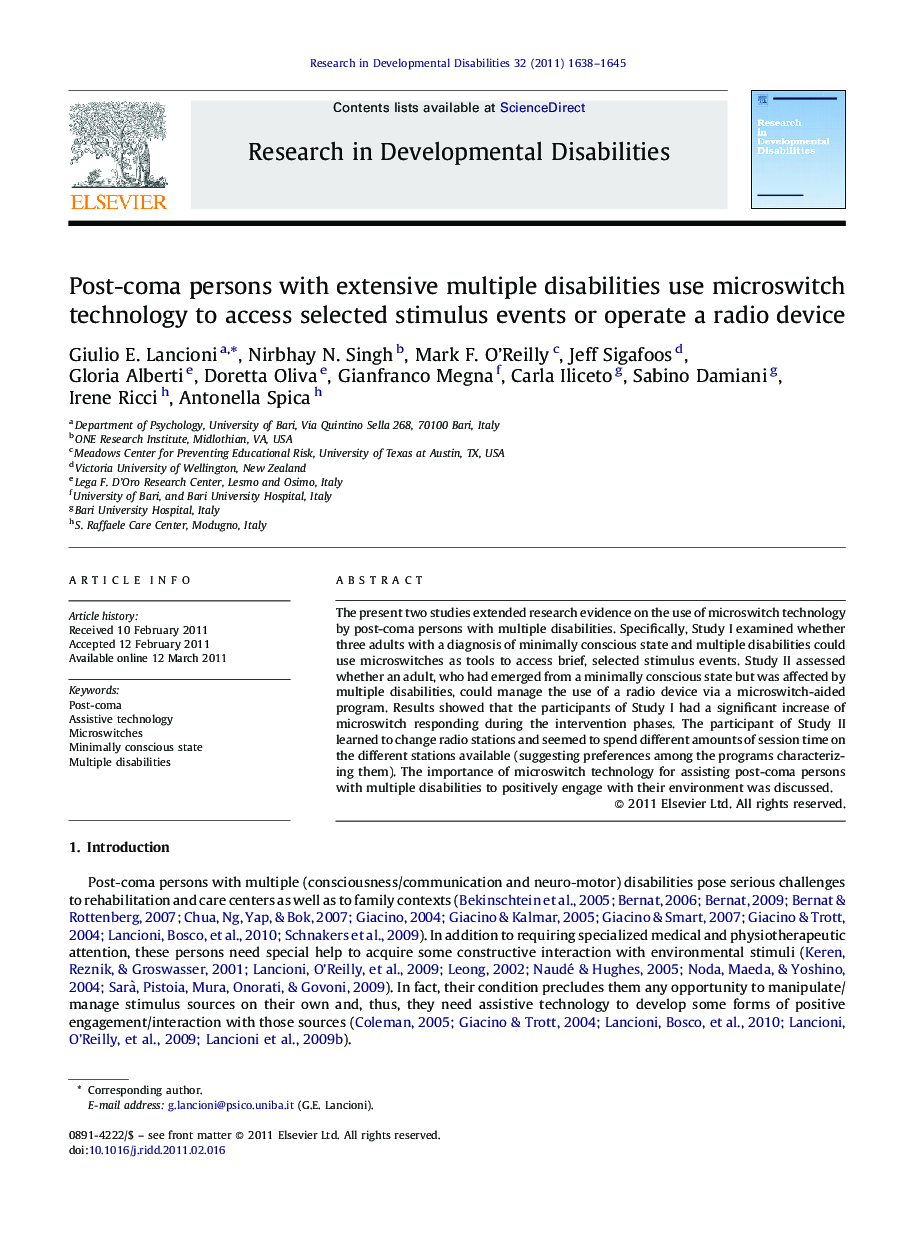 Post-coma persons with extensive multiple disabilities use microswitch technology to access selected stimulus events or operate a radio device