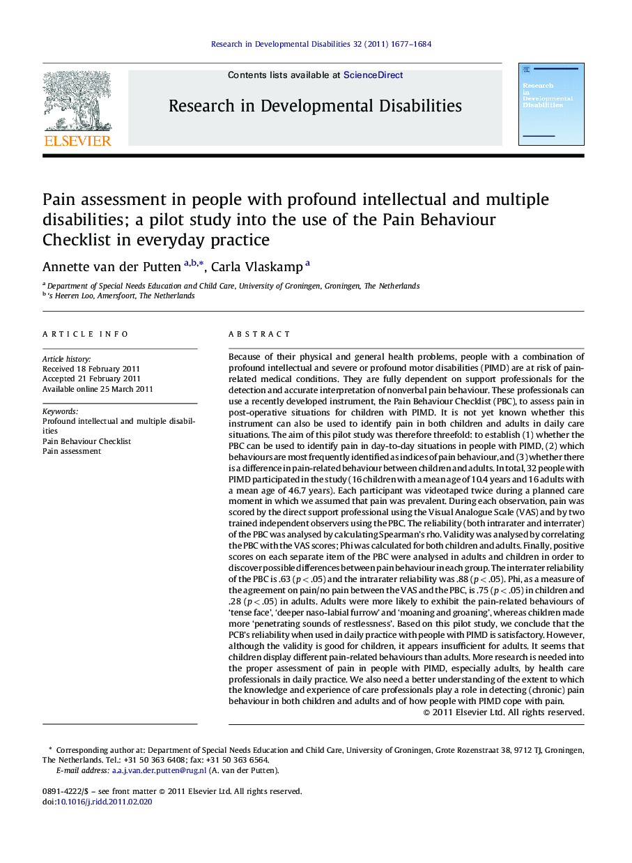 Pain assessment in people with profound intellectual and multiple disabilities; a pilot study into the use of the Pain Behaviour Checklist in everyday practice