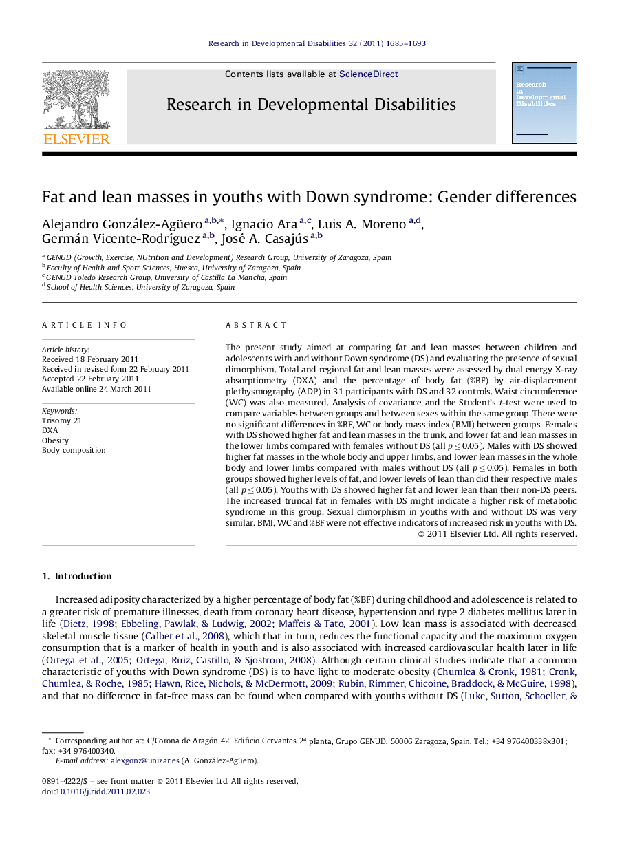 Fat and lean masses in youths with Down syndrome: Gender differences