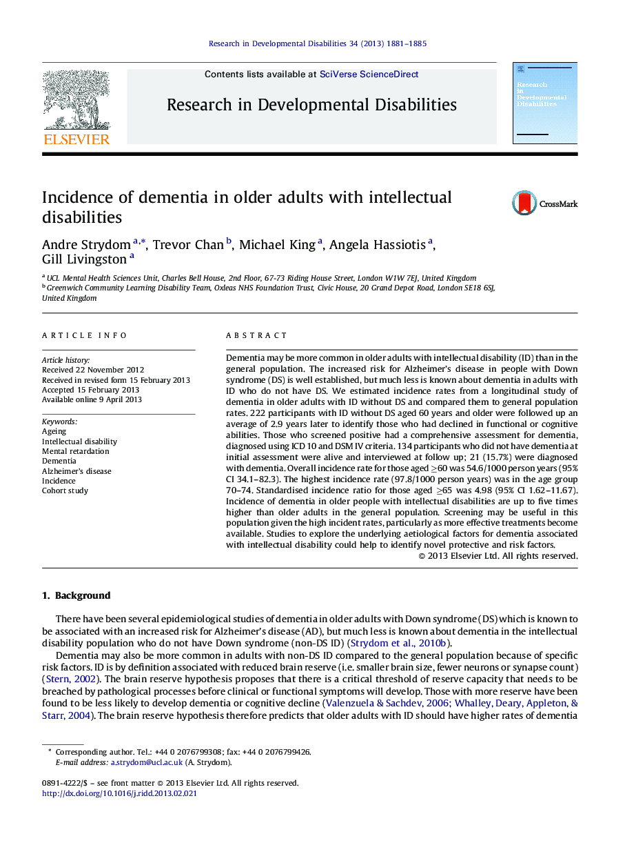 Incidence of dementia in older adults with intellectual disabilities