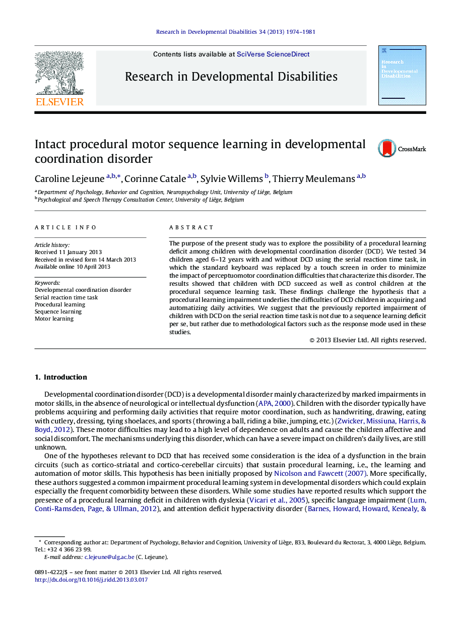 Intact procedural motor sequence learning in developmental coordination disorder