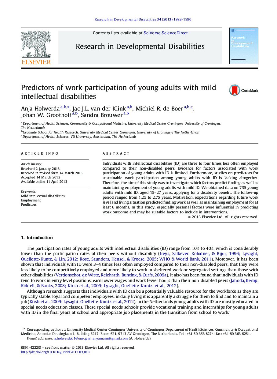 Predictors of work participation of young adults with mild intellectual disabilities