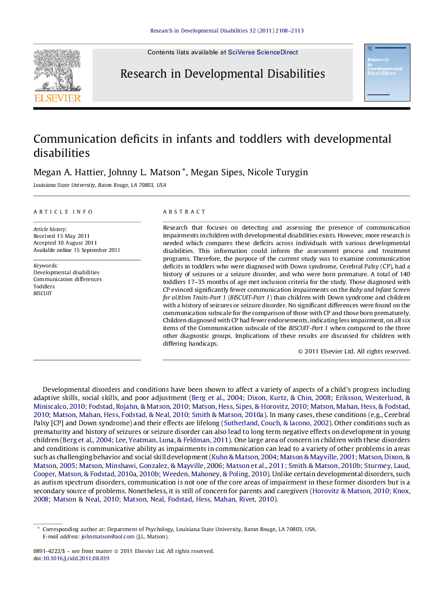 عکس صفحه اول مقاله: Communication deficits in infants and toddlers with developmental disabilities Communication deficits in infants and toddlers with developmental disabilities