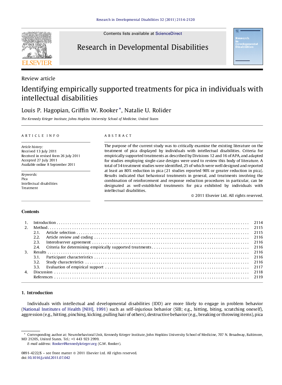 عکس صفحه اول مقاله: Identifying empirically supported treatments for pica in individuals with intellectual disabilities Identifying empirically supported treatments for pica in individuals with intellectual disabilities
