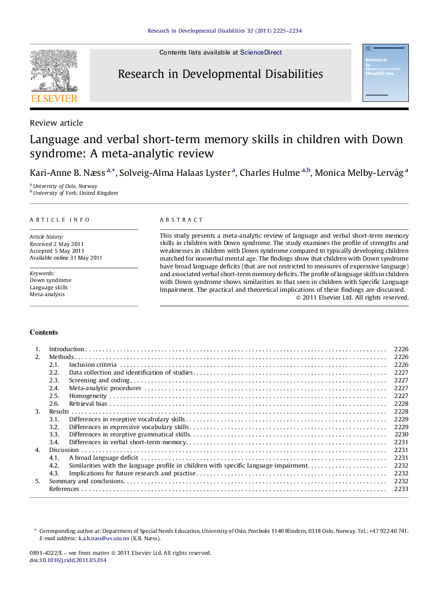 Language and verbal short-term memory skills in children with Down syndrome: A meta-analytic review