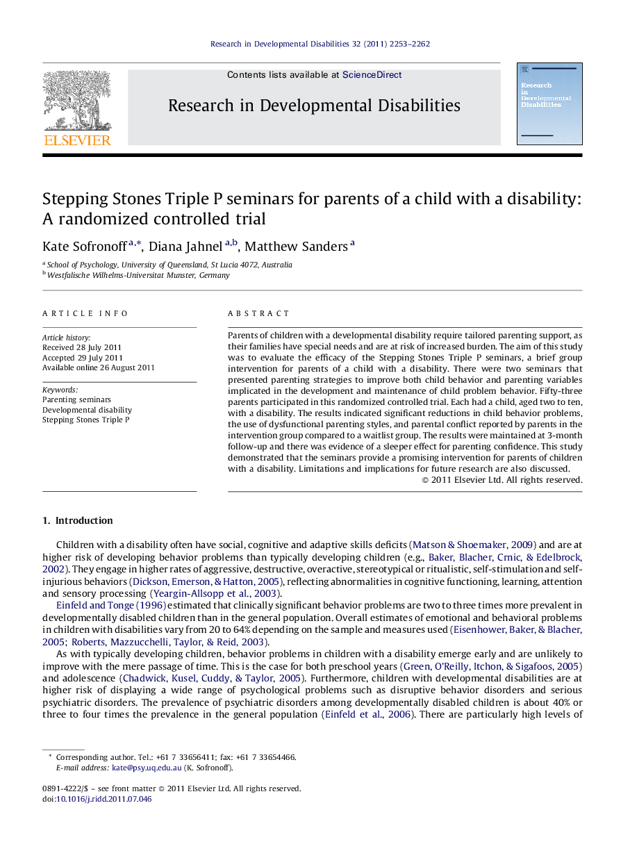 عکس صفحه اول مقاله: Stepping Stones Triple P seminars for parents of a child with a disability: A randomized controlled trial Stepping Stones Triple P seminars for parents of a child with a disability: A randomized controlled trial
