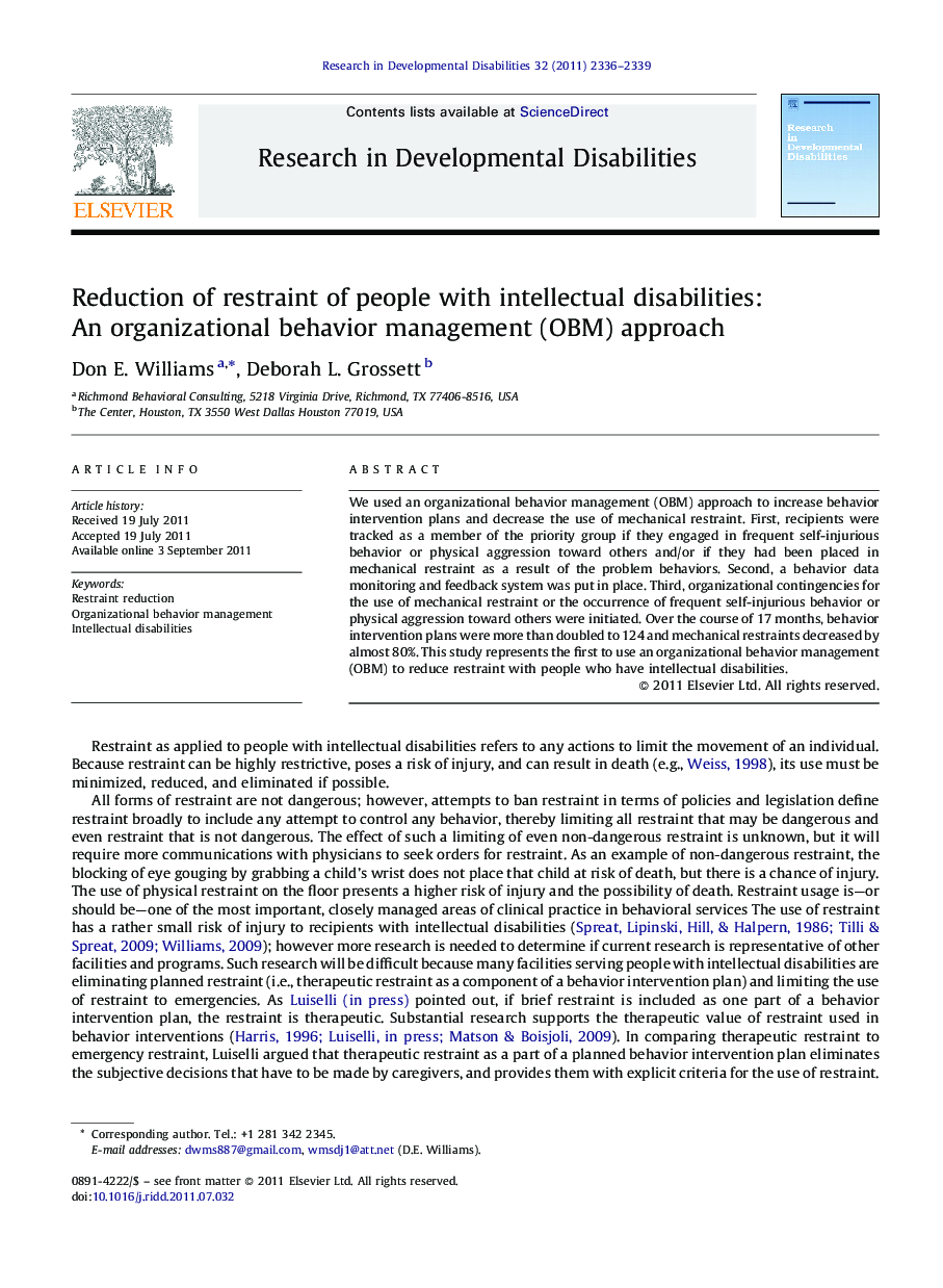 Reduction of restraint of people with intellectual disabilities: An organizational behavior management (OBM) approach