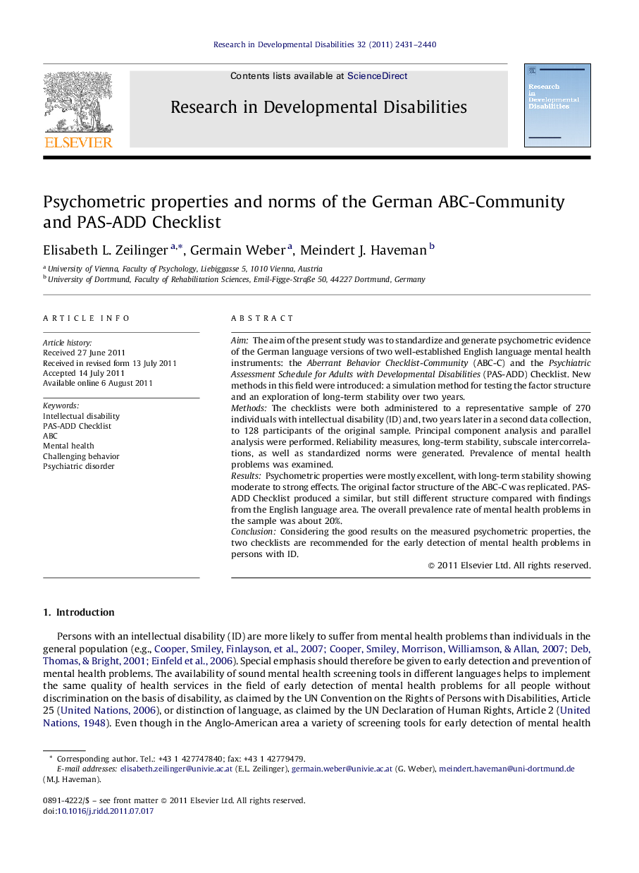 Psychometric properties and norms of the German ABC-Community and PAS-ADD Checklist