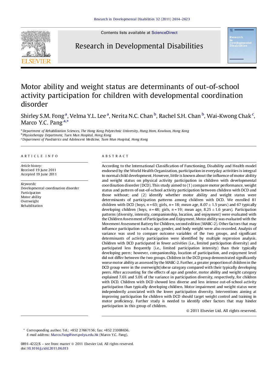 Motor ability and weight status are determinants of out-of-school activity participation for children with developmental coordination disorder