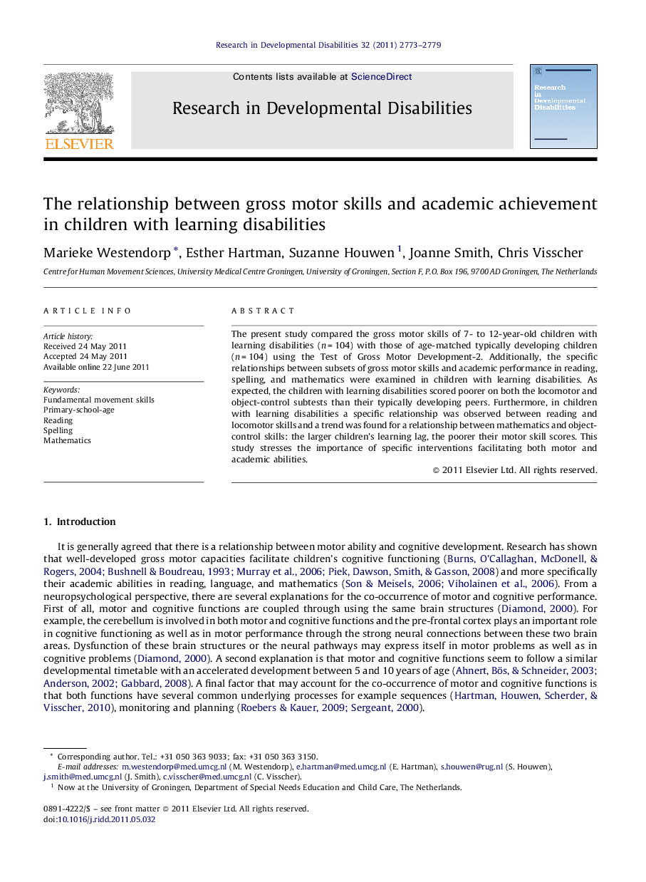 The relationship between gross motor skills and academic achievement in children with learning disabilities