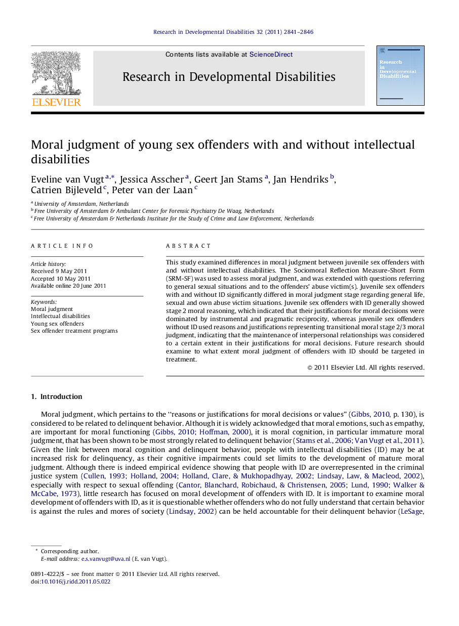 Moral judgment of young sex offenders with and without intellectual disabilities