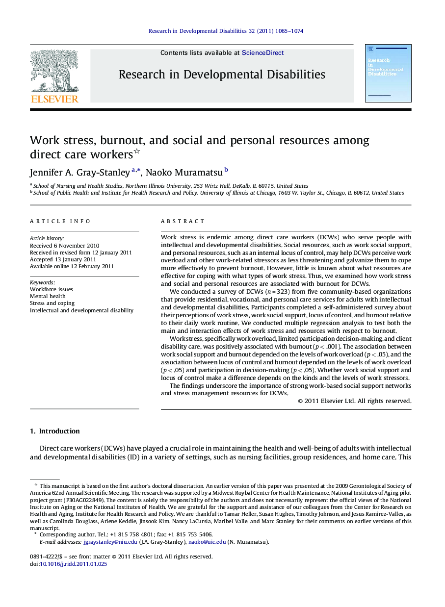 Work stress, burnout, and social and personal resources among direct care workers 