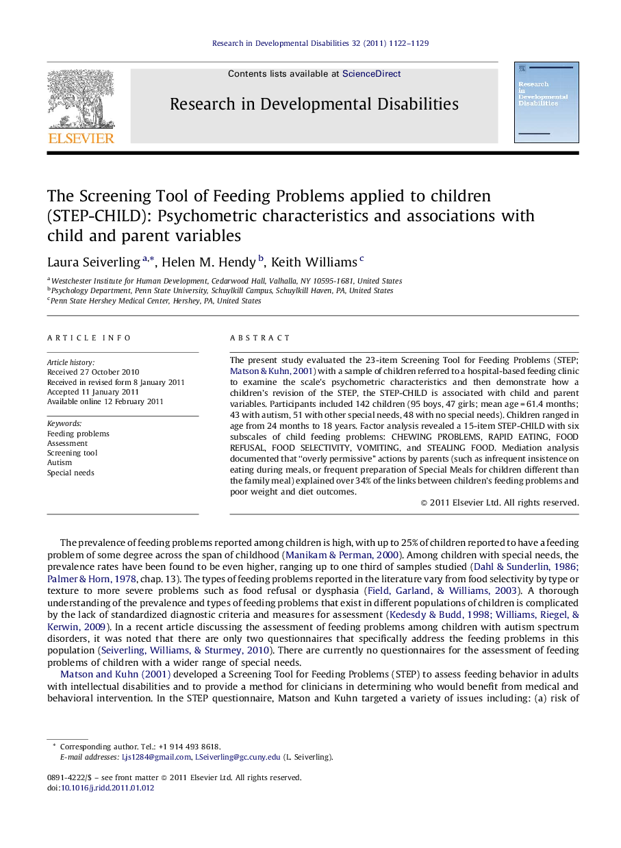 The Screening Tool of Feeding Problems applied to children (STEP-CHILD): Psychometric characteristics and associations with child and parent variables