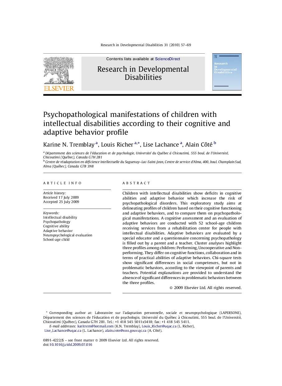 Psychopathological manifestations of children with intellectual disabilities according to their cognitive and adaptive behavior profile