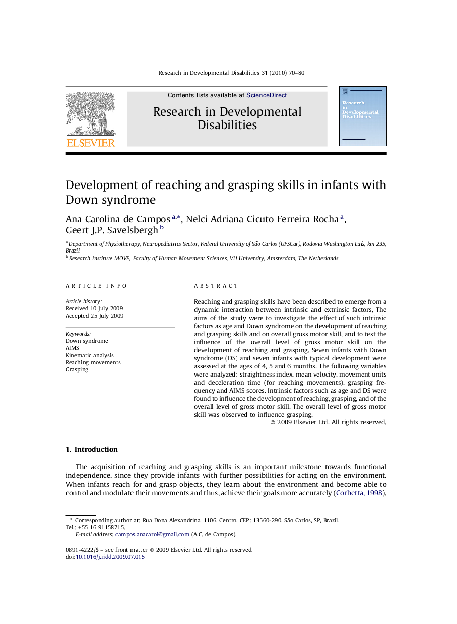 Development of reaching and grasping skills in infants with Down syndrome