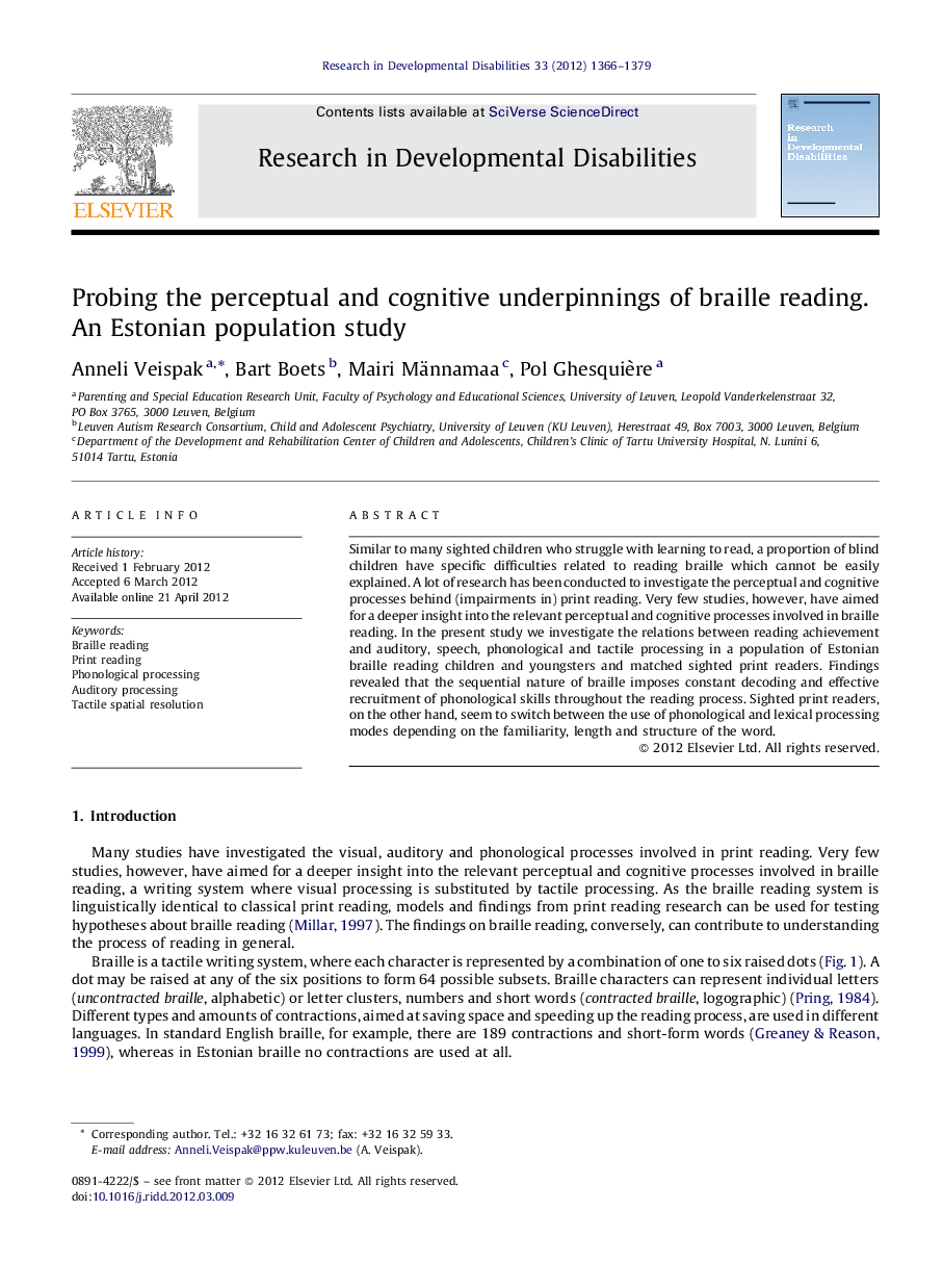 Probing the perceptual and cognitive underpinnings of braille reading. An Estonian population study