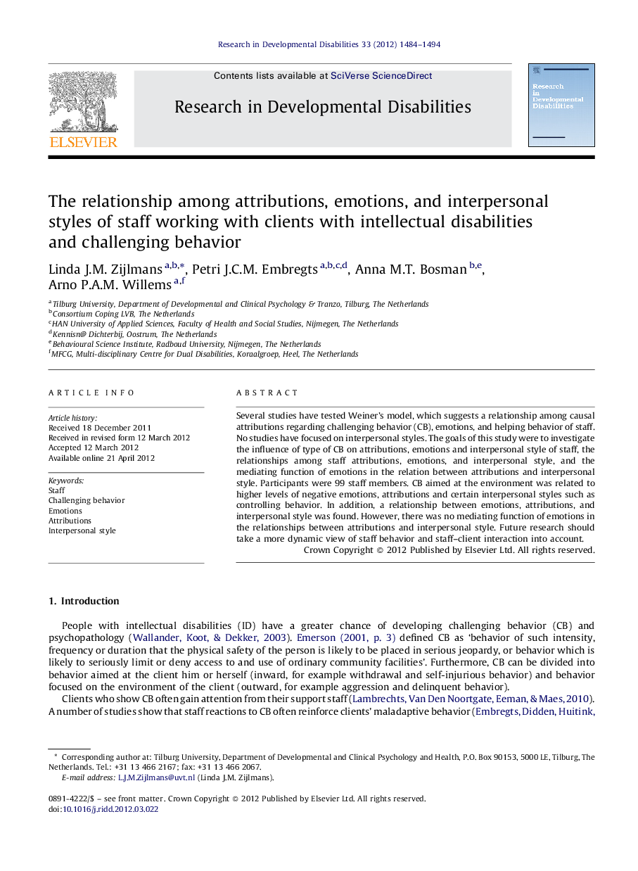 The relationship among attributions, emotions, and interpersonal styles of staff working with clients with intellectual disabilities and challenging behavior