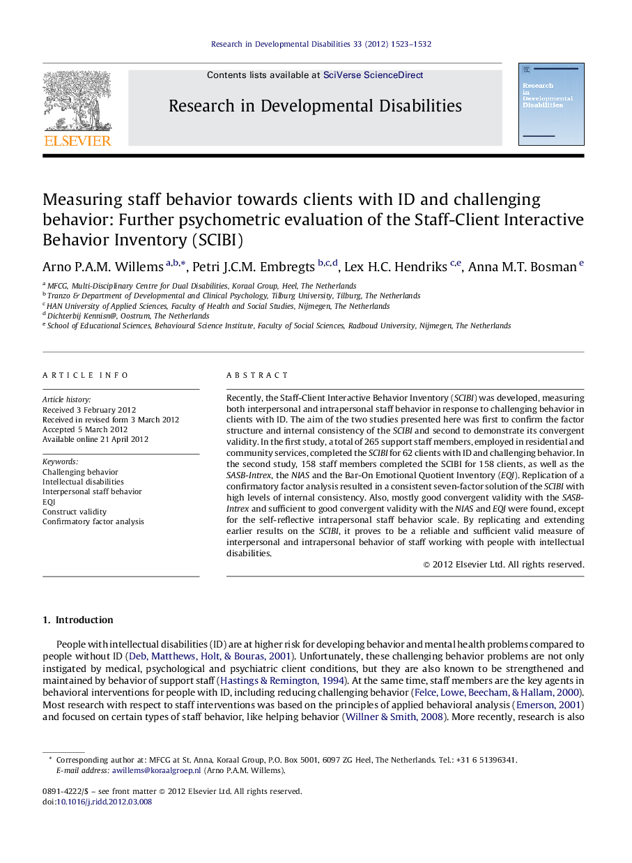 Measuring staff behavior towards clients with ID and challenging behavior: Further psychometric evaluation of the Staff-Client Interactive Behavior Inventory (SCIBI)