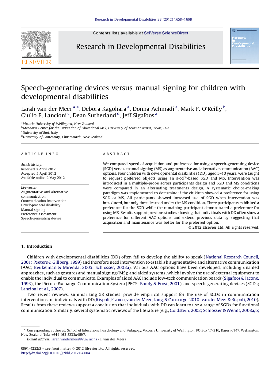 Speech-generating devices versus manual signing for children with developmental disabilities