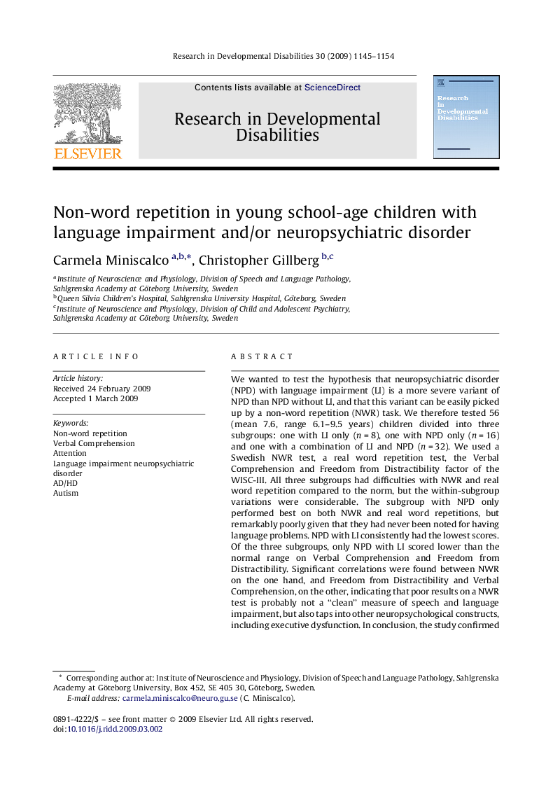 Non-word repetition in young school-age children with language impairment and/or neuropsychiatric disorder