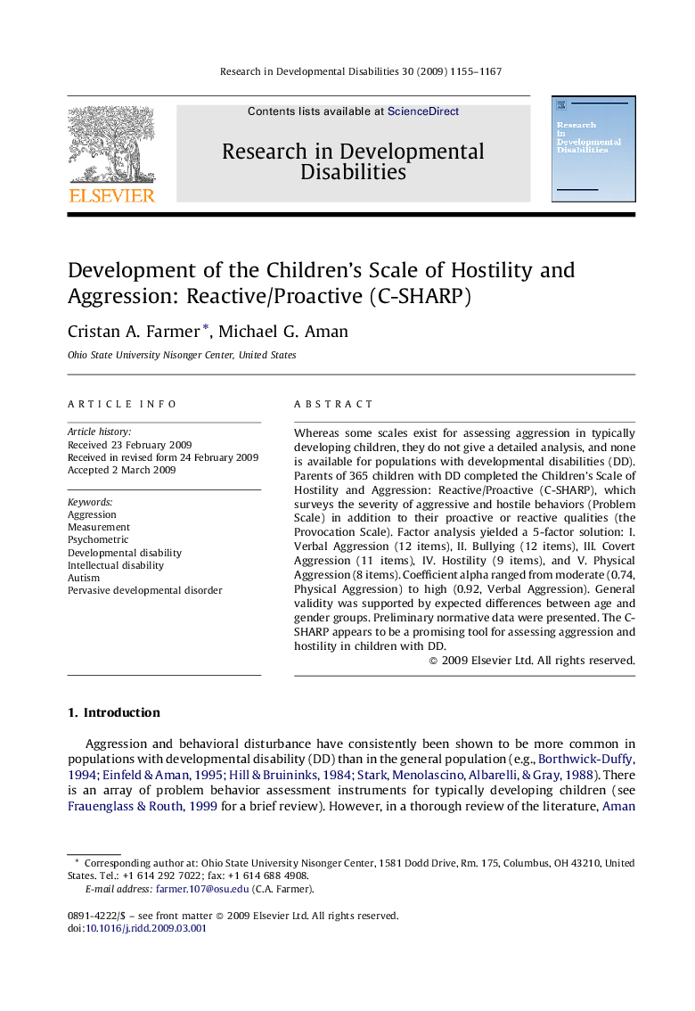 Development of the Children's Scale of Hostility and Aggression: Reactive/Proactive (C-SHARP)