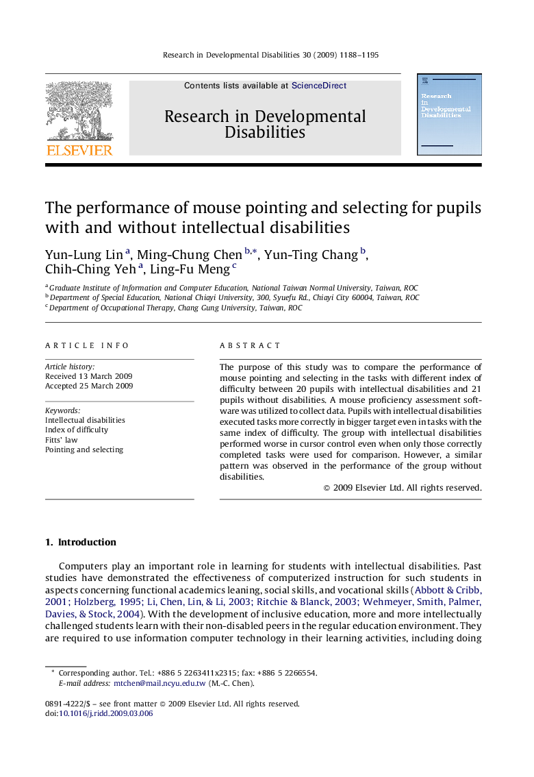 The performance of mouse pointing and selecting for pupils with and without intellectual disabilities