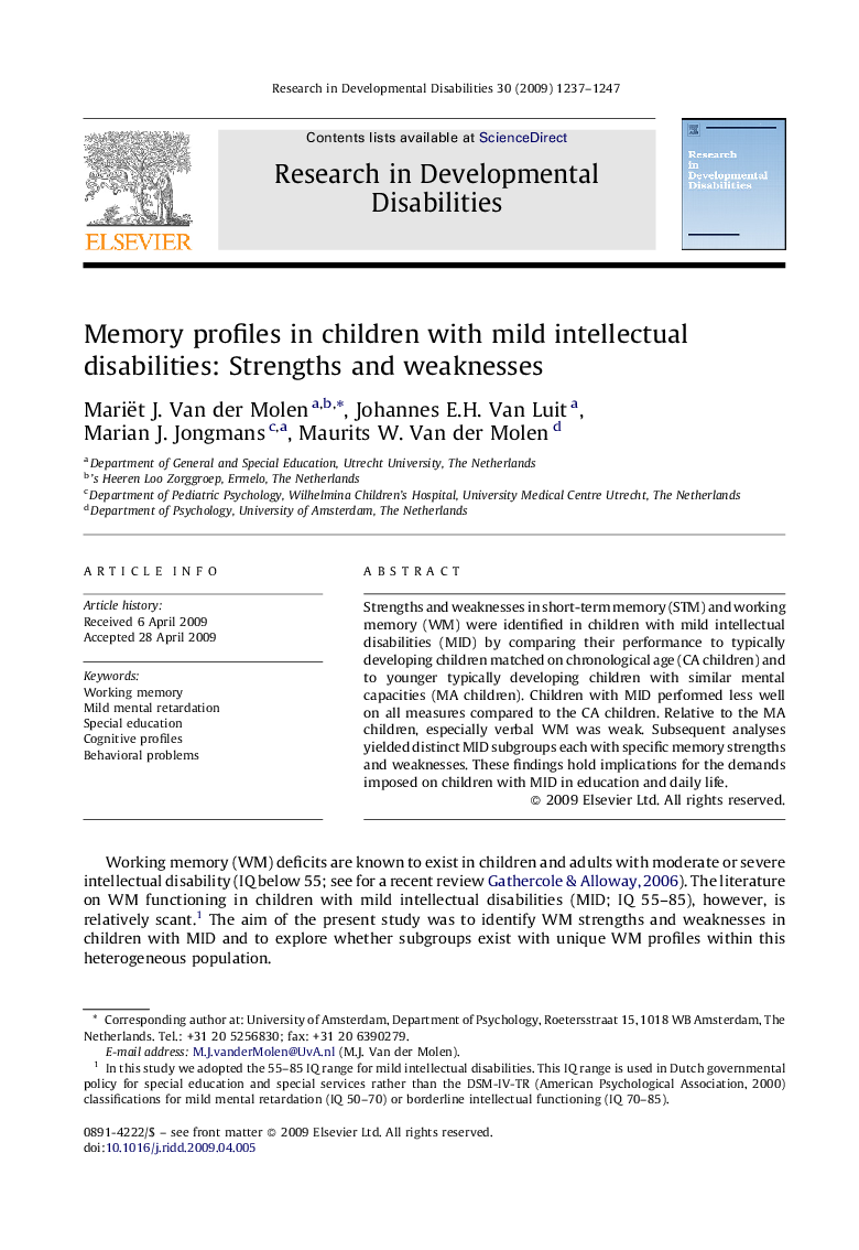 Memory profiles in children with mild intellectual disabilities: Strengths and weaknesses