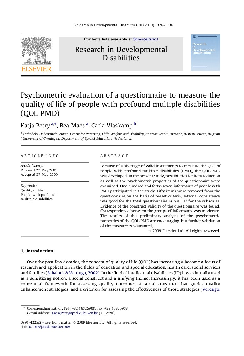 Psychometric evaluation of a questionnaire to measure the quality of life of people with profound multiple disabilities (QOL-PMD)