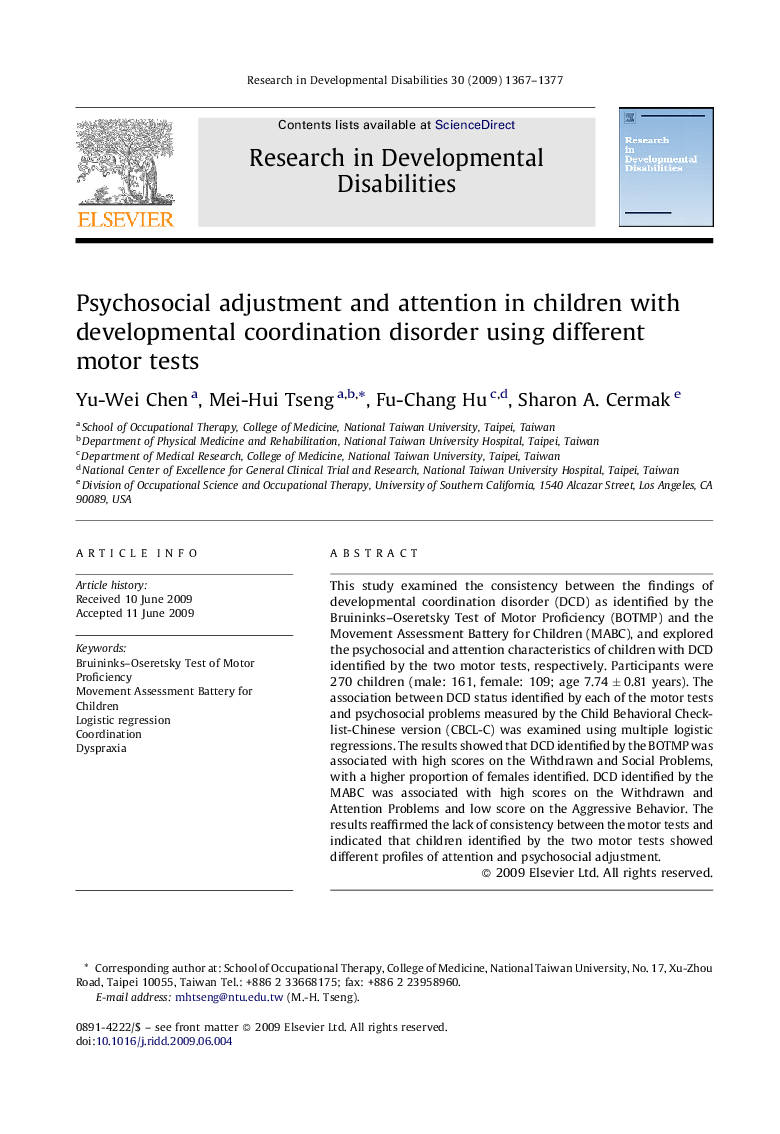 Psychosocial adjustment and attention in children with developmental coordination disorder using different motor tests