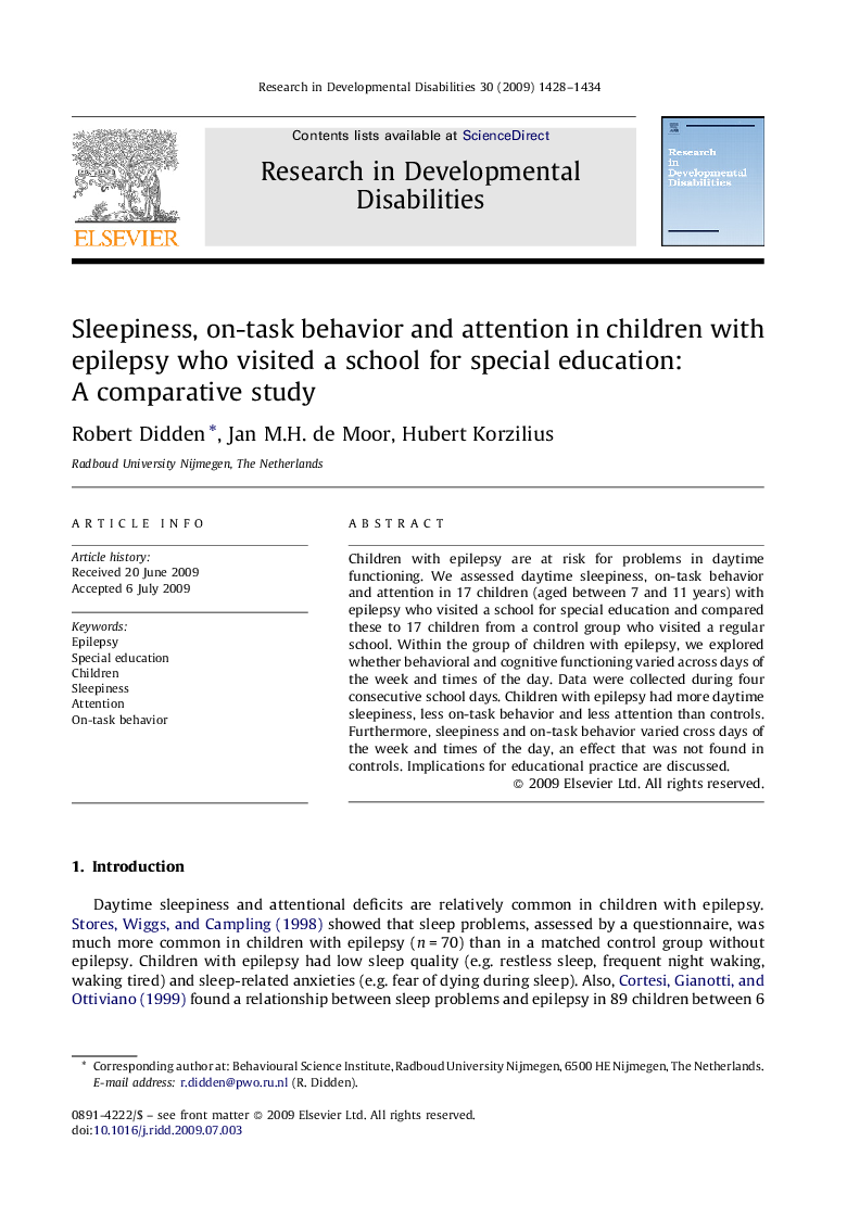 Sleepiness, on-task behavior and attention in children with epilepsy who visited a school for special education: A comparative study