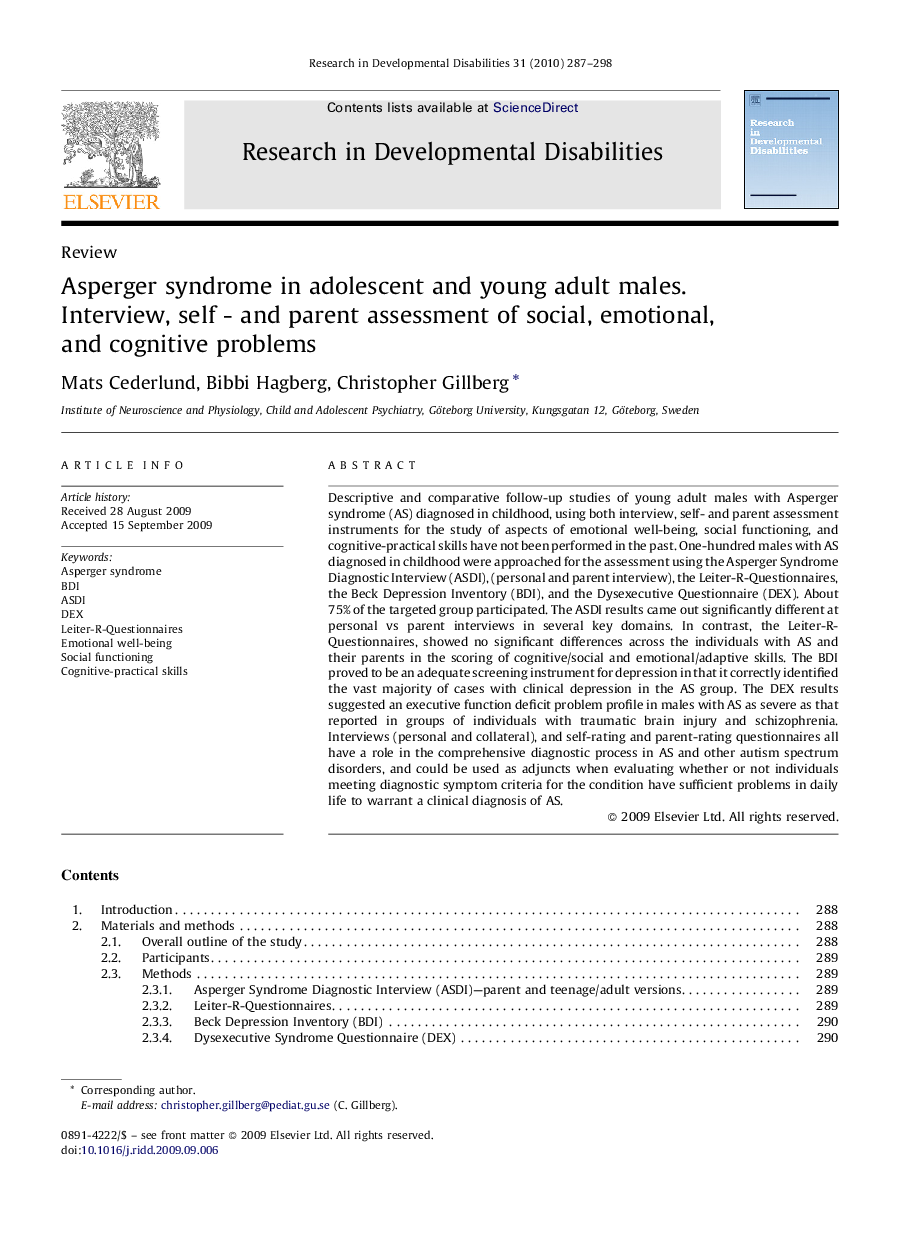 Asperger syndrome in adolescent and young adult males. Interview, self - and parent assessment of social, emotional, and cognitive problems