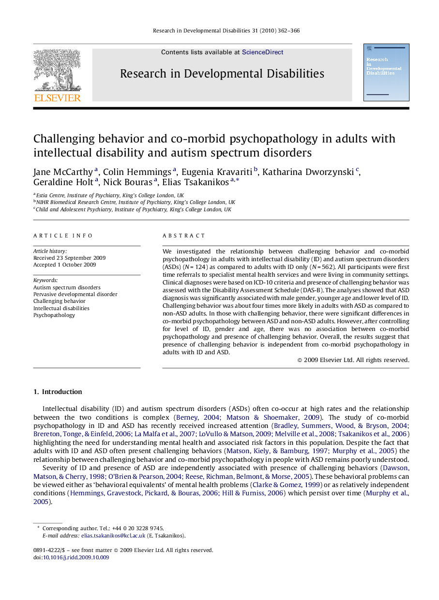 Challenging behavior and co-morbid psychopathology in adults with intellectual disability and autism spectrum disorders