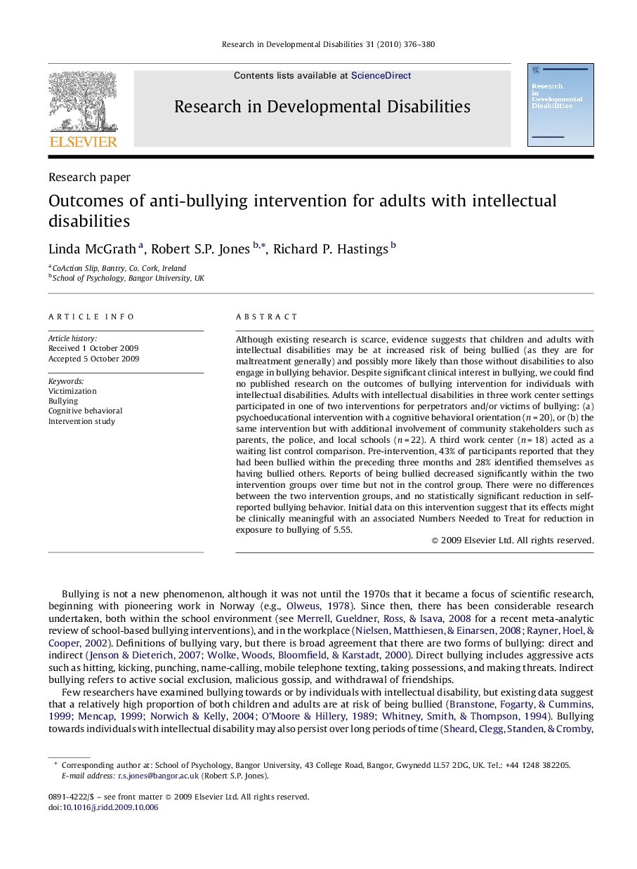 Outcomes of anti-bullying intervention for adults with intellectual disabilities