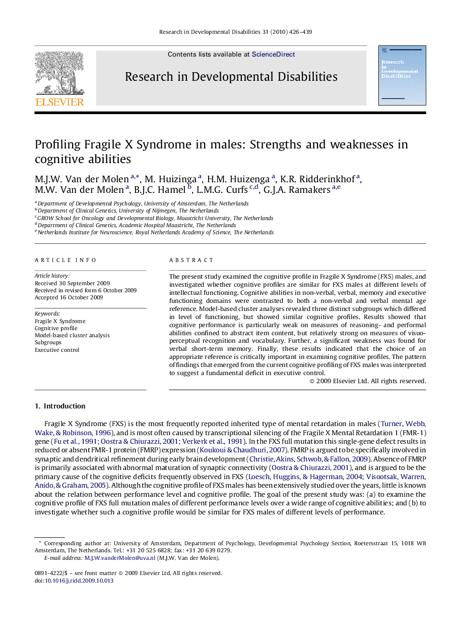 Profiling Fragile X Syndrome in males: Strengths and weaknesses in cognitive abilities