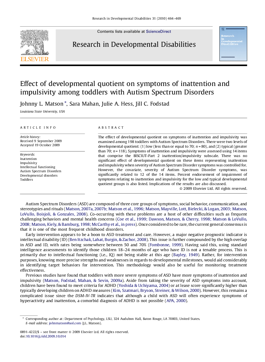 Effect of developmental quotient on symptoms of inattention and impulsivity among toddlers with Autism Spectrum Disorders