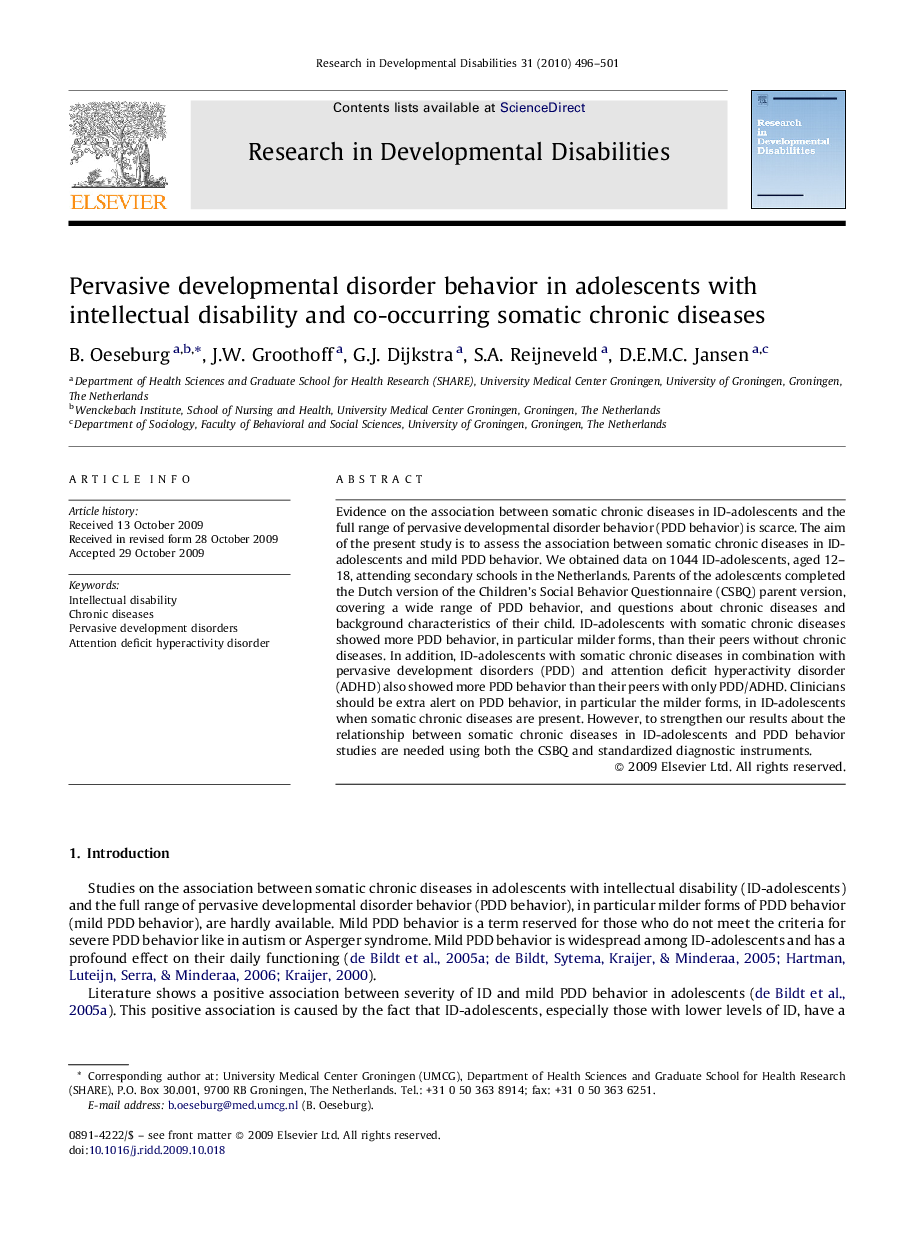 Pervasive developmental disorder behavior in adolescents with intellectual disability and co-occurring somatic chronic diseases