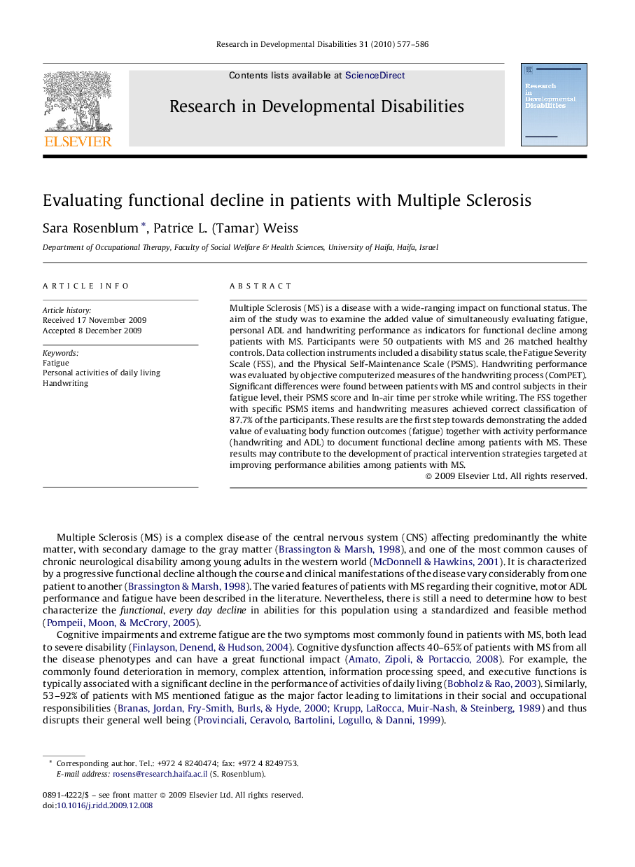 Evaluating functional decline in patients with Multiple Sclerosis