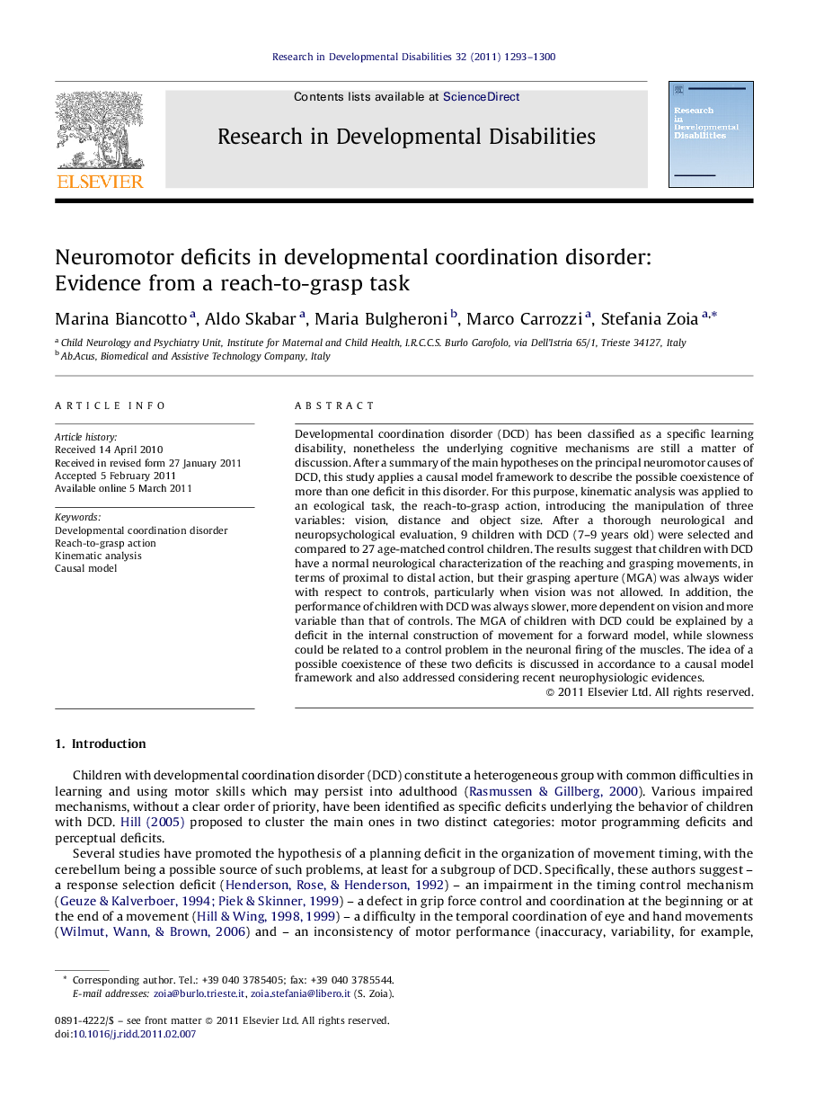 Neuromotor deficits in developmental coordination disorder: Evidence from a reach-to-grasp task