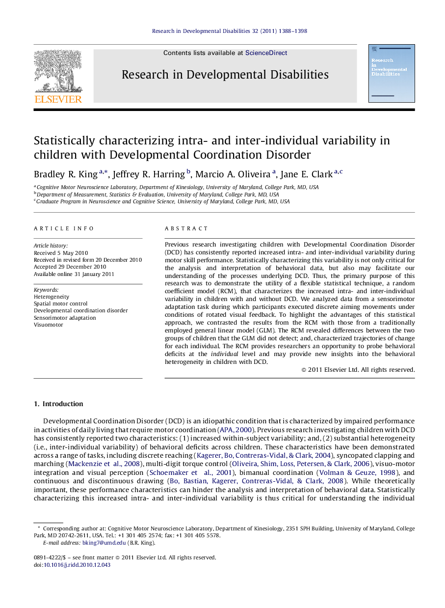 Statistically characterizing intra- and inter-individual variability in children with Developmental Coordination Disorder