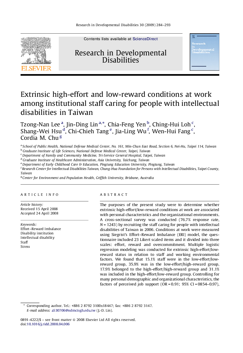 Extrinsic high-effort and low-reward conditions at work among institutional staff caring for people with intellectual disabilities in Taiwan