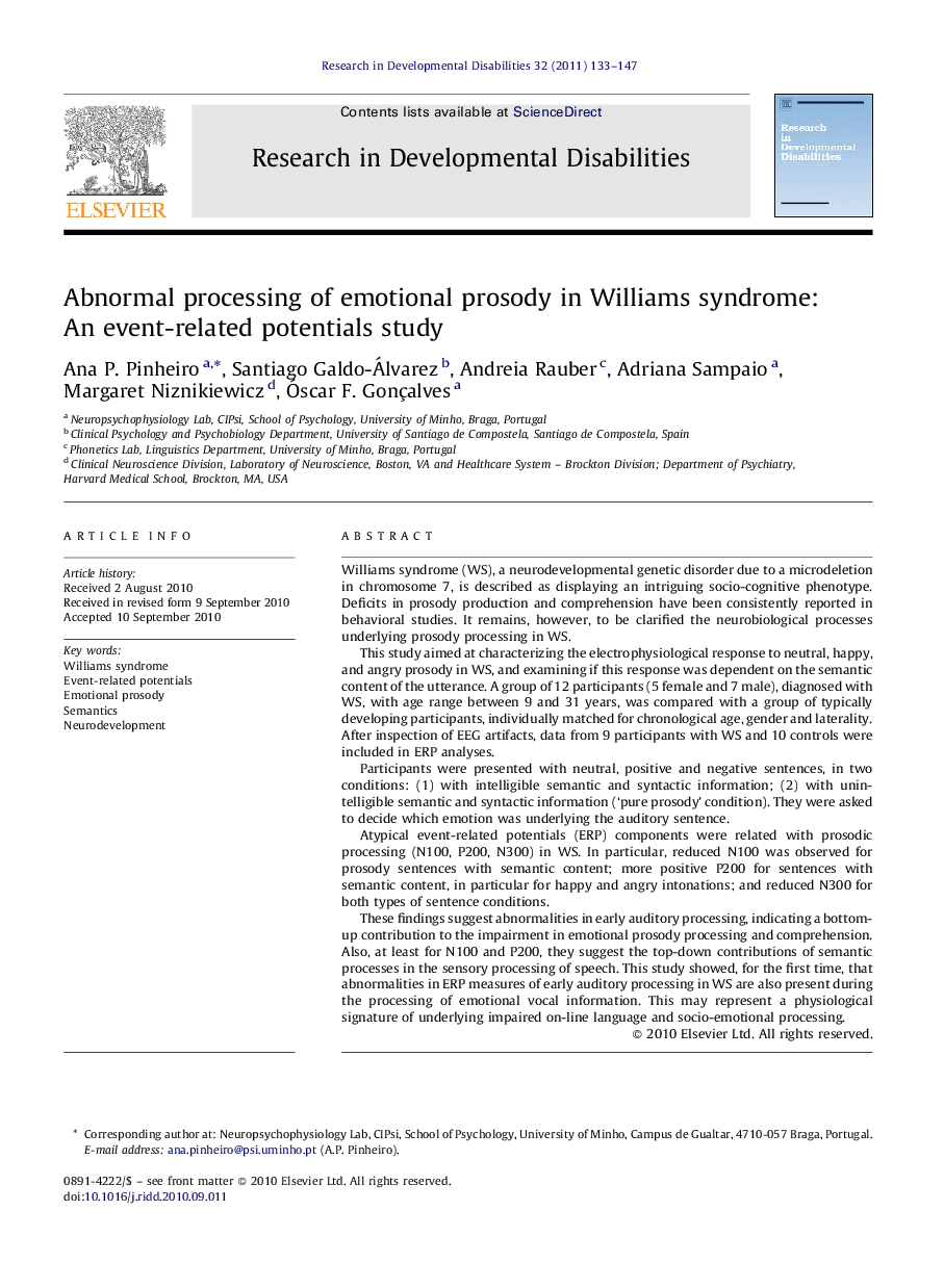 Abnormal processing of emotional prosody in Williams syndrome: An event-related potentials study