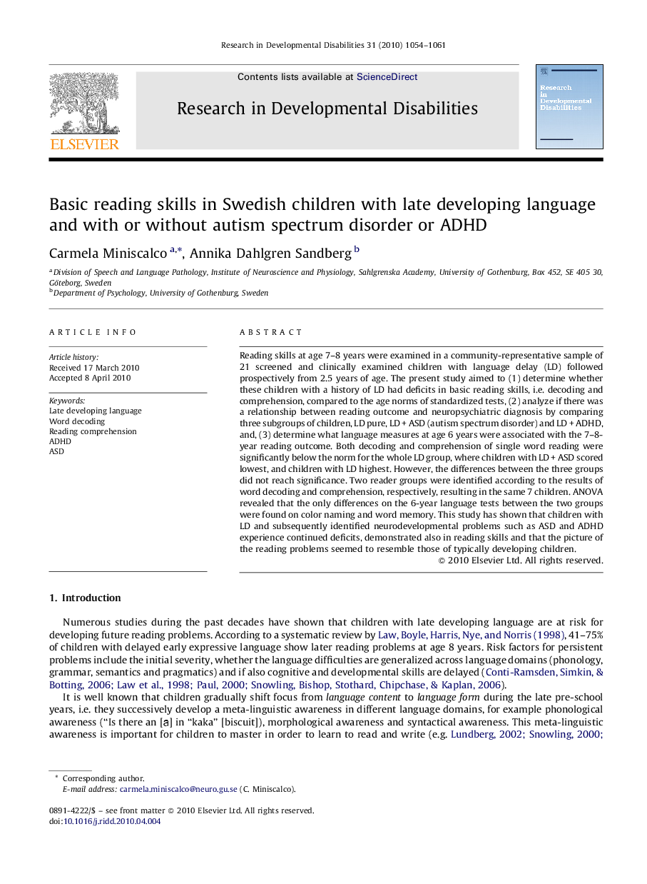 Basic reading skills in Swedish children with late developing language and with or without autism spectrum disorder or ADHD