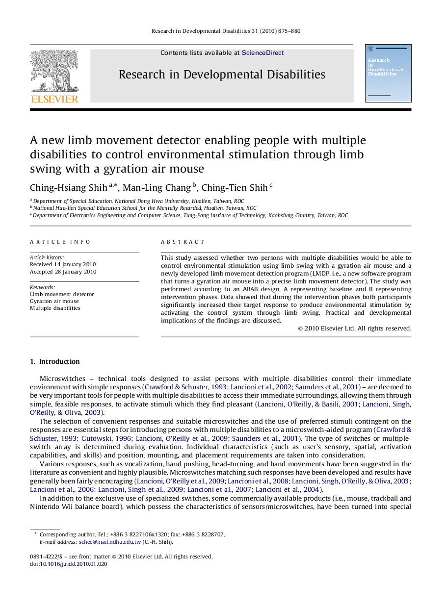 A new limb movement detector enabling people with multiple disabilities to control environmental stimulation through limb swing with a gyration air mouse