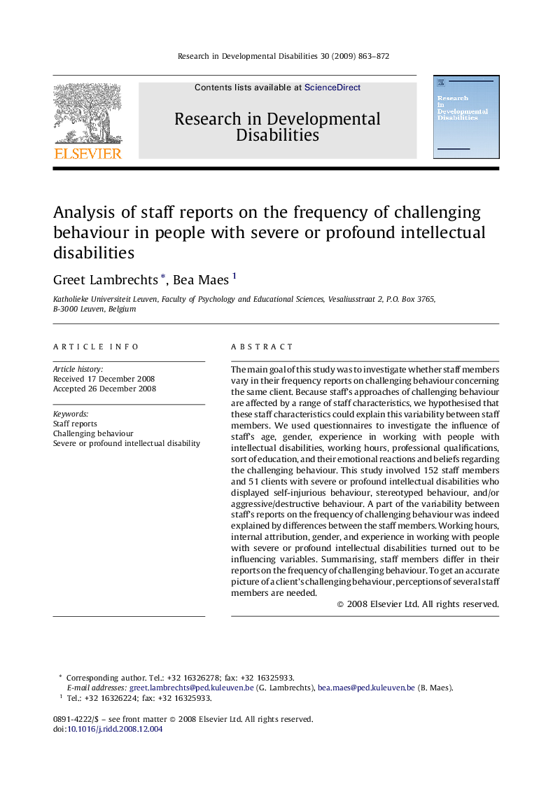 Analysis of staff reports on the frequency of challenging behaviour in people with severe or profound intellectual disabilities