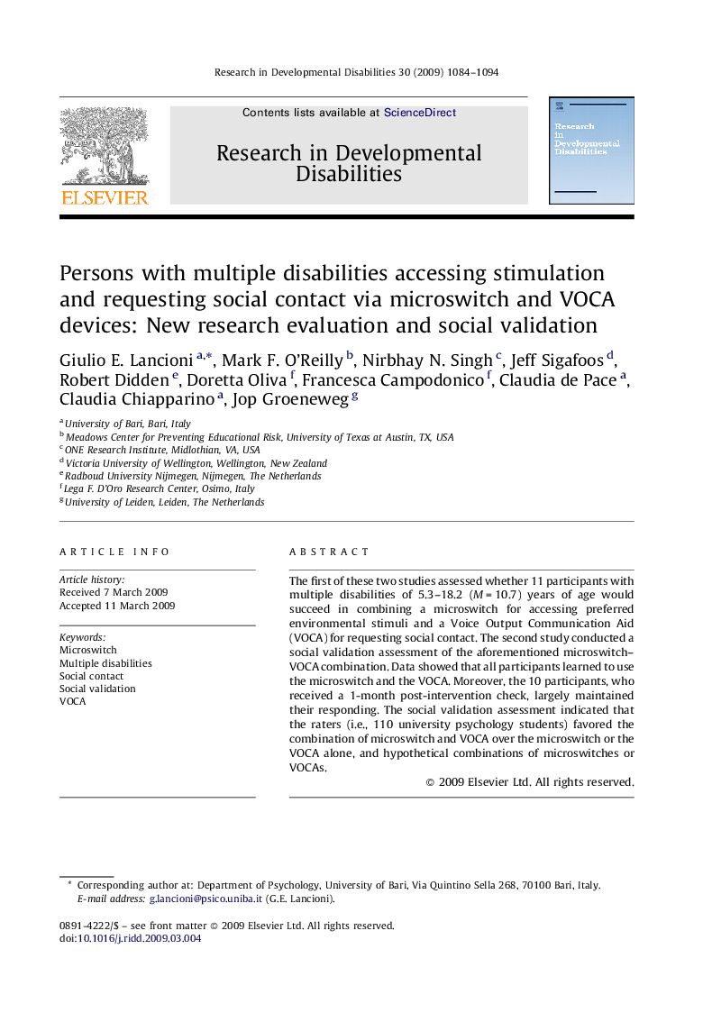 Persons with multiple disabilities accessing stimulation and requesting social contact via microswitch and VOCA devices: New research evaluation and social validation