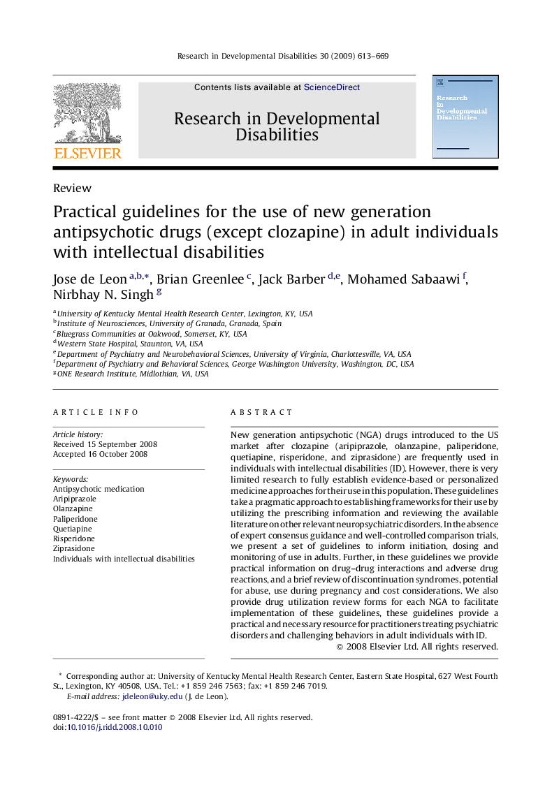 Practical guidelines for the use of new generation antipsychotic drugs (except clozapine) in adult individuals with intellectual disabilities