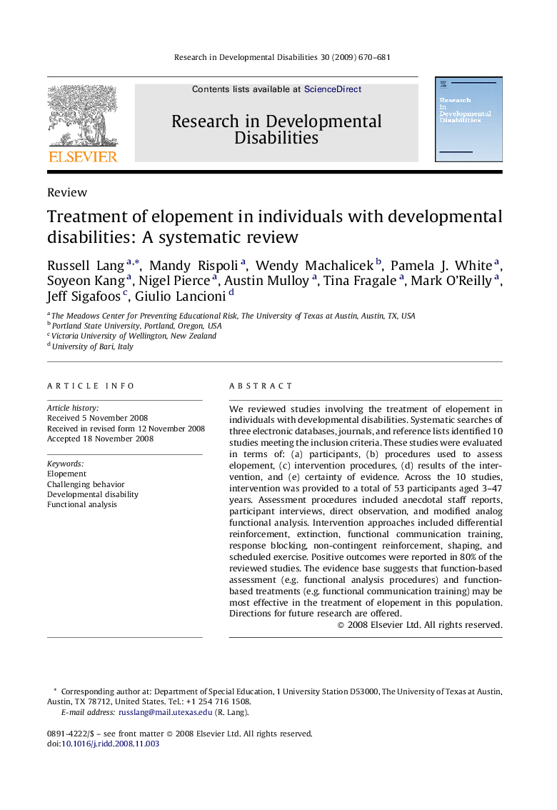 عکس صفحه اول مقاله: Treatment of elopement in individuals with developmental disabilities: A systematic review Treatment of elopement in individuals with developmental disabilities: A systematic review