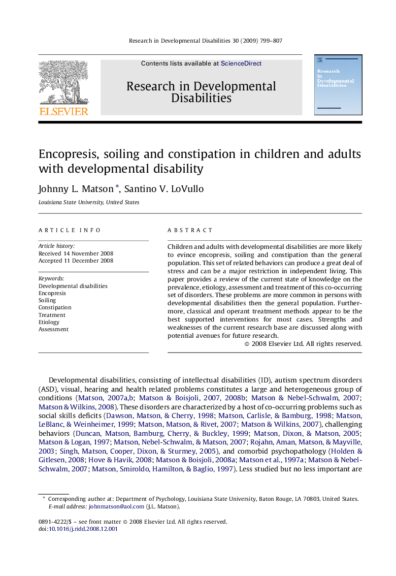 Encopresis, soiling and constipation in children and adults with developmental disability